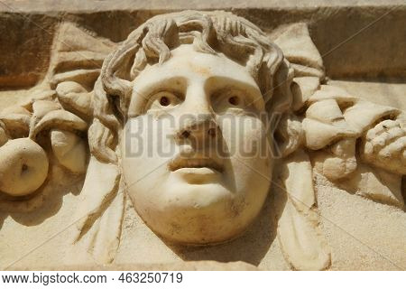 Ancient Mask Relief In Aphrodisias Ancient City In Geyre, Aydin, Turkiye
