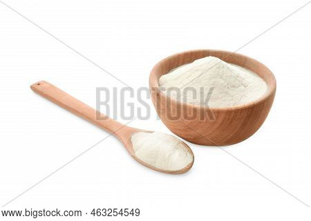 Wooden Bowl Of Agar-agar Powder And Spoon On White Background