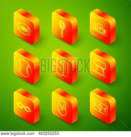 Set Line American Football Ball, Tennis Racket, Award Over Sports Winner Podium, Fitness Mat Roll, P