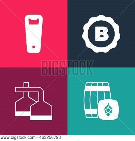 Set Pop Art Wooden Barrel, Beer Brewing Process, Bottle Cap With Beer And Opener Icon. Vector