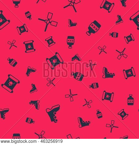 Set Ancient Viking Boots, Oars Or Paddles Boat, Decree, Parchment, Scroll And Whiskey Bottle On Seam