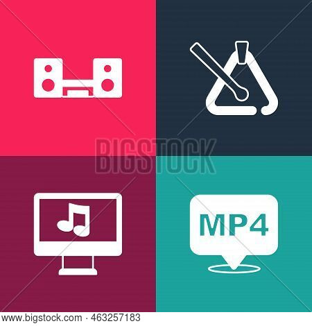 Set Pop Art Mp4 File Document, Computer With Music Note, Triangle Musical Instrument And Home Stereo