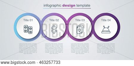 Set Line Gamepad, Piece Of Puzzle, Playing Cards And Needle Bed And Needles. Business Infographic Te