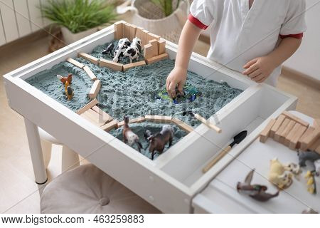 Cute Baby Boy Playing Sensory Box Kinetic Sand Table With Farm Animals