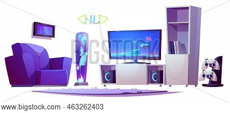 Room Interior Stuff, Furniture And Item Isolated Set. Armchair, Plasmic Lamp, Rug, Cupboard And Digi
