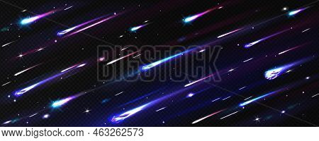 Meteor Rain, Asteroids Or Meteorites Flying In Sky. Glowing Comets With Flame Trails Isolated On Tra