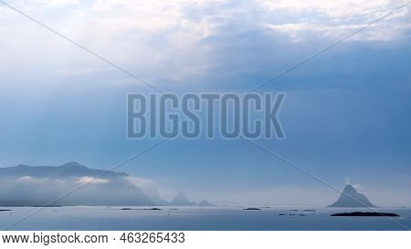 Seascape, Sea Coast And Island Bleiksoya In The Distance. View From Kleivodden Rest Stop Area Viewpo