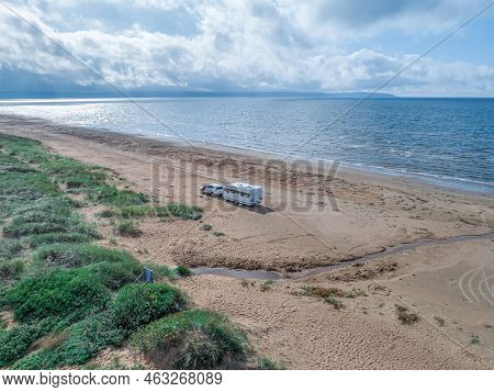 Caravan Campig Beautiful Landscape Beach Sand Dunes Near Melbystrand Laholm Sweden Coast Outdoor Lif