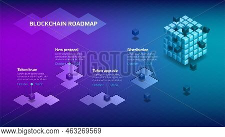 Isometric Roadmap For Blockchain Or Cryptocurrency Project With Big And Small Cubes On Purple Blue B