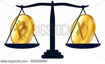 Gold Coin Of Bitcoin Btc And Turkish Lira Try On Scales Isolated On White Background. Laws On Digita