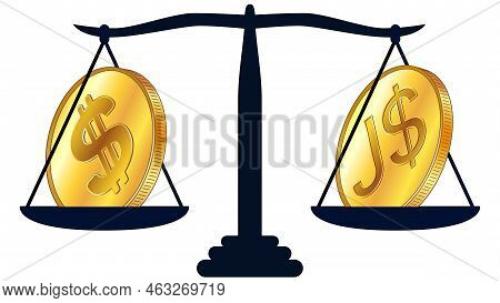 Gold Coin Of American Dollar Usd And Jamaican Dollar Jmd On Scales Isolated On White Background. Law