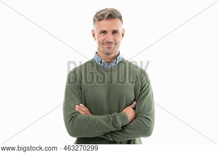 Happy Mature Grizzled Guy With Stubble Isolated On White Background. Grizzled Guy In Sweater.