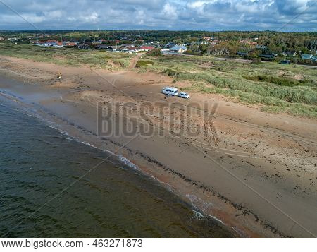 Caravan Campig Beautiful Landscape Beach Sand Dunes Near Melbystrand Laholm Sweden Coast Outdoor Lif