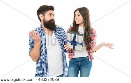 Got Disappointed In Present. Unhappy Child Hold Present Box. Father And Daughter Celebrate Holiday. 