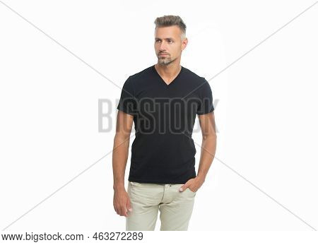 Caucasian Grizzled Guy In Casual Tshirt. Grizzled Guy Style. Studio Shot Of Grizzled Guy.