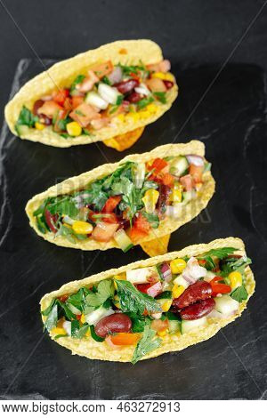 Mexican Tacos With Vegetables On A Dark Background On A Slate. Reducetarian, Flexitarian, Pescataria