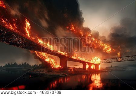 3d Illustration About An Explosion On Kerch Strait Bridge Of Crimea On Fire. Concept Of Sabotage To 