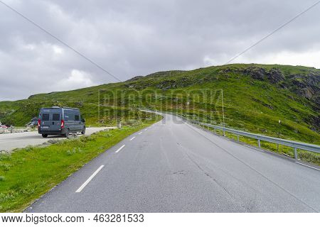 Skjolden, Norway - July 4, 2022: Scenic View At The Oscarshaug Viewpoint Along National Scenic Route