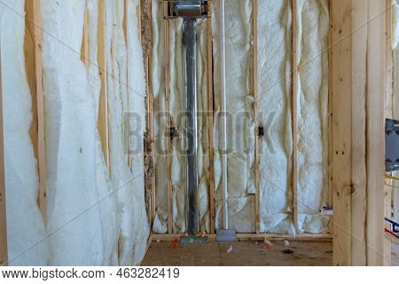 Construction Insulation Consists Rock Wool Insulation In Wooden Frame For Future Walls, As Well As C