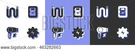 Set Gear And Lightning, Electric Cable, Hair Dryer And Electrical Panel Icon. Vector