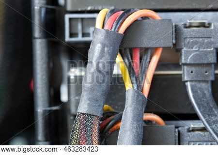 Very Dirty Wires With Connectors Are Connected To The Computer Hard Drive. Hdd And Ssd Disc. Old Col