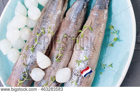 Freshly Salted Herring With Salt, With Copy Space. Traditional Dutch Delicacy