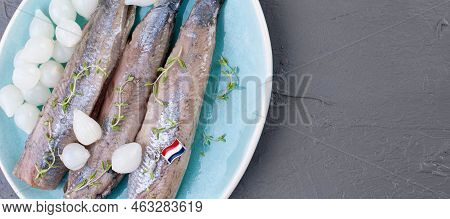 Freshly Salted Herring With Salt, With Copy Space. Traditional Dutch Delicacy