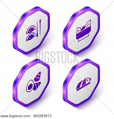Set Isometric Dumpling With Chopsticks, Wonton, Chicken Egg Vegerables And Fish Sliced Pieces Icon. 
