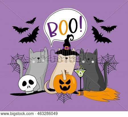 Boo - Hand Drawn Witch Cats And Speech Bubbles. Spooky Skull, Bats, Pumpkin, And Potion On Broom. Is