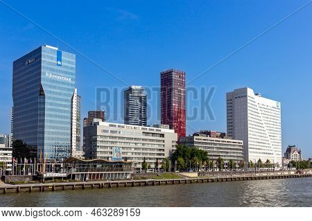 Skyscrapers In Rotterdam, With The Rijskwaterstaat Building, Along The Nieuwe Maas In Rotterdam, The