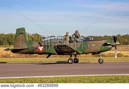 Austrian Air Force Pilatus Pc-7 Trainer Plane At Kleine-brogel Airbase. Belgium - September 14, 2019