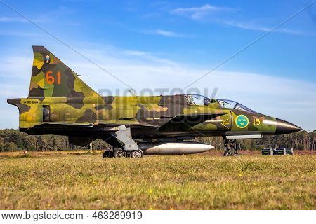 Former Swedish Air Force Saab 37 Viggen Fighter Jet At Kleine-brogel Airbase. Belgium - September 14