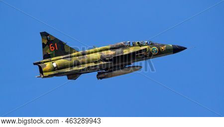 Former Swedish Air Force Saab 37 Viggen Fighter Jet In Flight Over Kleine-brogel Airbase. Belgium - 