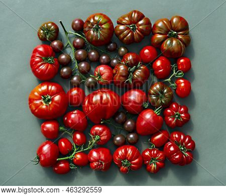 Colorful Tomatoes Of Different Sizes And Varieties, In Appearance, Are A Horizontal Composition. Bri