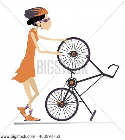 Cyclist And A Broken Bicycle. Sportsperson Repairs The Bicycle. 
The Cyclist Woman Repairs Wheel On 