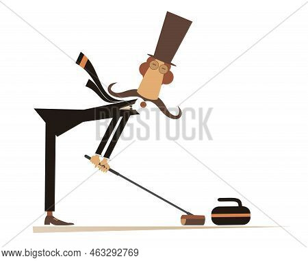 Funny Sportsperson In The Top Hat Playing Curling. 
Long Mustache Gentleman In The Top Hat With Curl