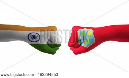 India Vs West_indies Hand Flag Man Hands Patterned With The India Vs West_indies Flag