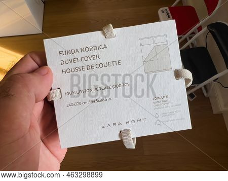 Paris, France - Sep 13, 2022: Pov Male Hand Holding Duvet Cover Package By Zara Home Inditex