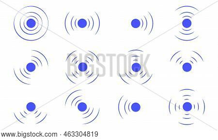 Set Echo Sonar Waves. Blue Radar Symbols On Sea And Ultrasonic Signal Reflection. Collection Icon De