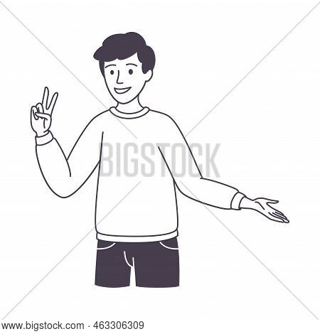 Man Character Showing V Peace Sign As Positive Hand Gesture Outline Vector Illustration