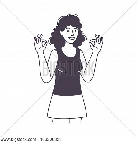 Woman Character Showing Ok Positive Hand Gesture Outline Vector Illustration