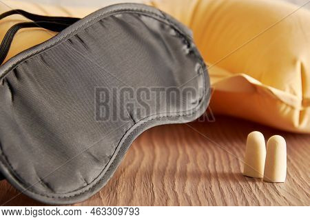 Sleeping Accessories, Mask, Earplugs, Pillow For Travels And Airplane. Sleep Care And Symbols