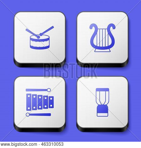 Set Drum With Drum Sticks, Ancient Greek Lyre, Xylophone And African Djembe Icon. White Square Butto