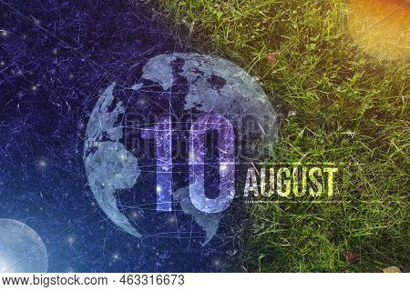 August 10th. Day 10 Of Month, Calendar Date. Day To Night Background Concept. Scene With Globe The G