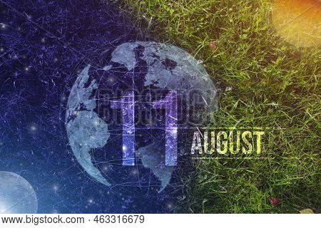 August 11st . Day 11 Of Month, Calendar Date. Day To Night Background Concept. Scene With Globe The 