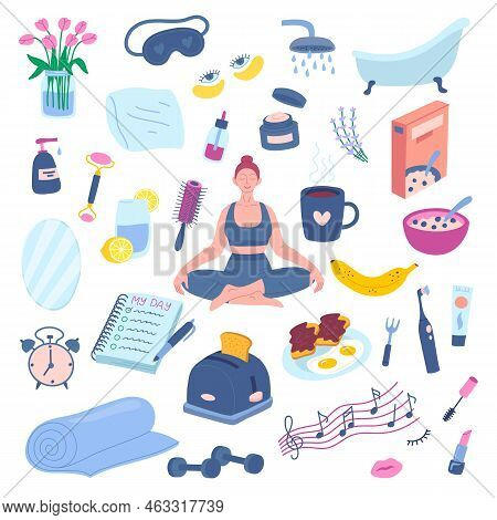 Vector Morning Routine Elements Set. Woman Meditating In Lotus Pose In Primitive Flat Style With Pil