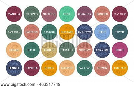 Vector Names Stickers Set. Round Food Preparation Ingredients Labels With Branches With Leaves And T