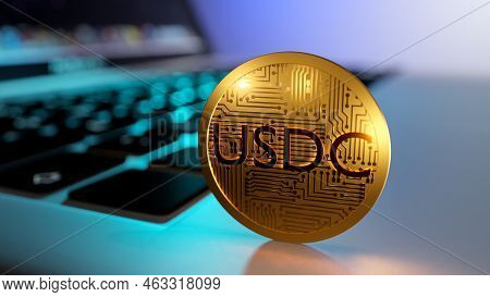 Usdc Cryptocurrency. Gold Coin On A Laptop Close-up. Stablecoin 3d Rendering
