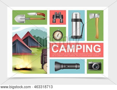 Realistic Camping Elements Composition With Shovel Axe Knife Binoculars Compass Thermos Flashlight C
