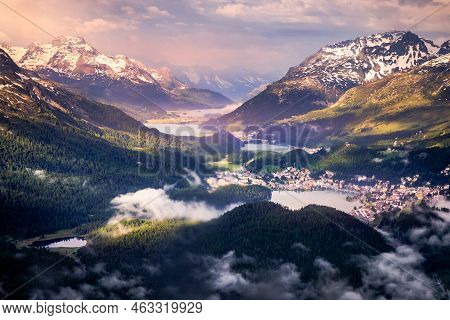 Celerina And Engadine Lakes, St Moritz, Silvaplana And Maloja From Above Muottas Muragl, Switzerland